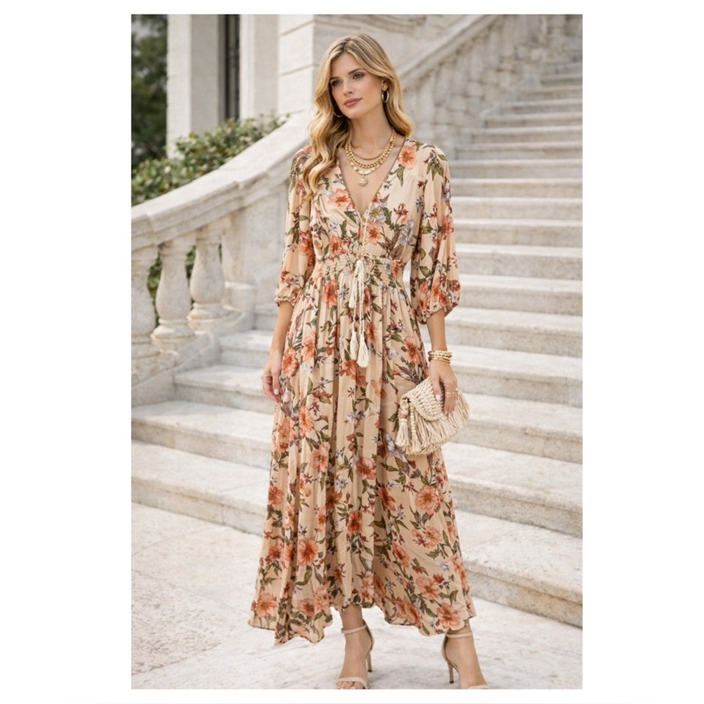 Jaase Indiana Boho Floral Print Button Tie Waist Maxi‎ Dress Size XS peach boho